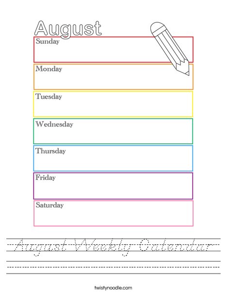 August Weekly Calendar Worksheet
