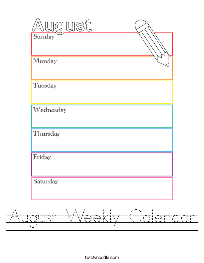 August Weekly Calendar Worksheet Twisty Noodle August Weekly Calendar Worksheet Twisty Noodle
