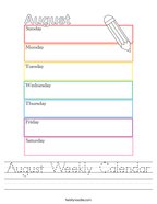 August Weekly Calendar Handwriting Sheet