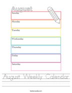 August Weekly Calendar Handwriting Sheet