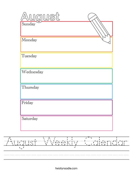 August Weekly Calendar Worksheet Twisty Noodle August Weekly Calendar Worksheet Twisty Noodle