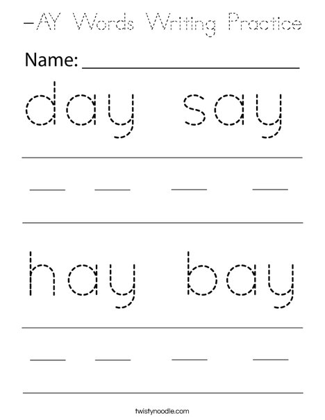 -AY Words Writing Practice Coloring Page