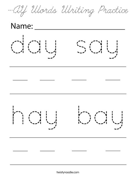 -AY Words Writing Practice Coloring Page
