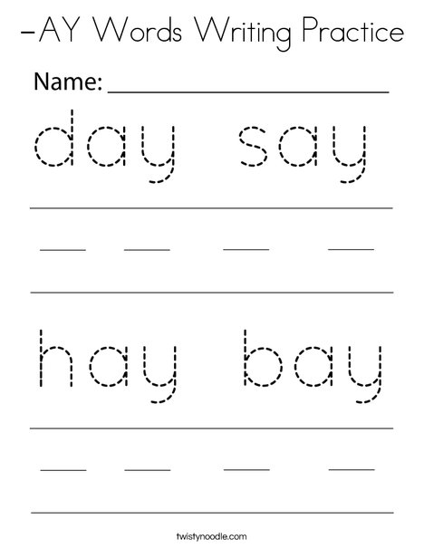 -AY Words Writing Practice Coloring Page