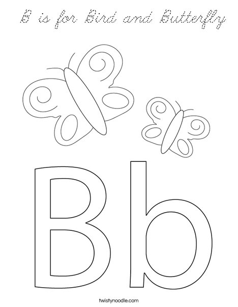 B is for Bird and Butterfly Coloring Page - Cursive - Twisty Noodle