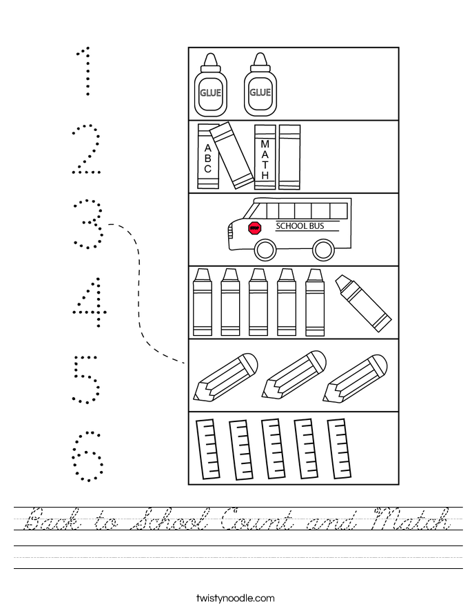 Back to School Count and Match Worksheet