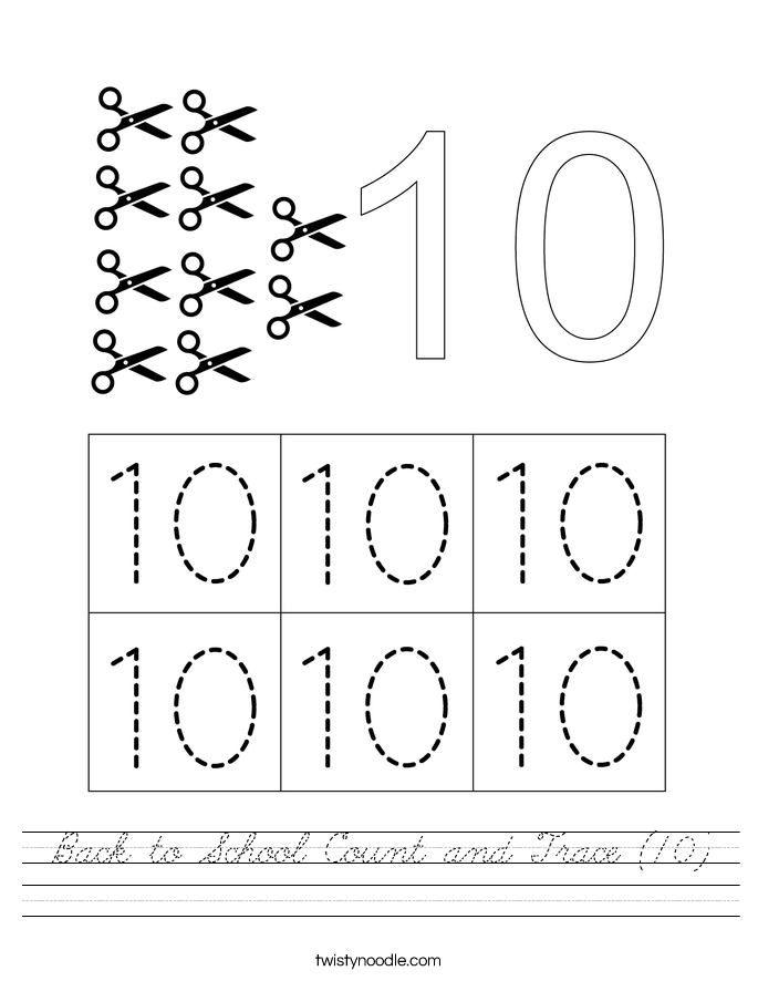 Back to School Count and Trace (10) Worksheet - Cursive - Twisty Noodle