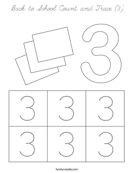 Back to School Count and Trace (3) Coloring Page