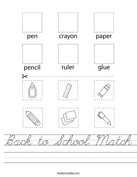 Back to School Match Worksheet - Cursive - Twisty Noodle