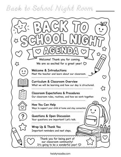Back to School Night Room _____ Coloring Page