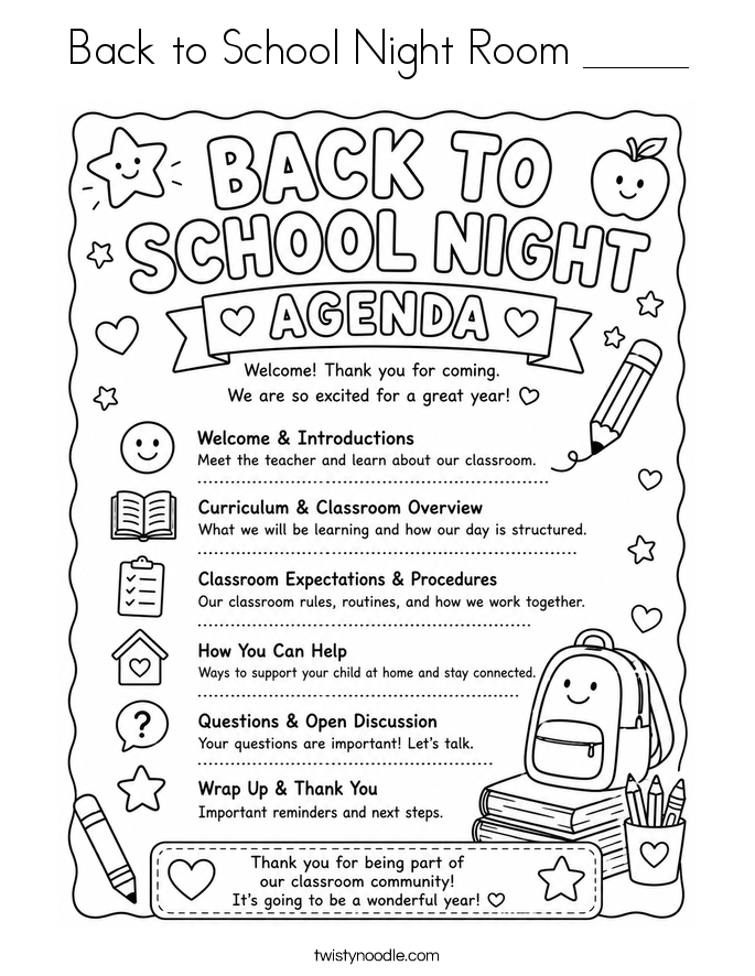 Back to School Night Room _____ Coloring Page