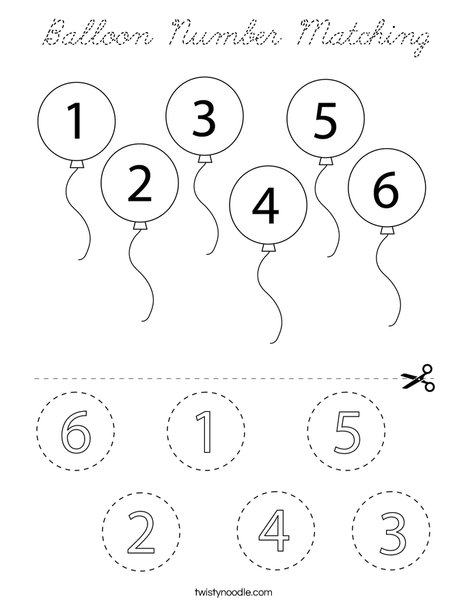 Download Balloon Number Matching Coloring Page - Cursive - Twisty Noodle