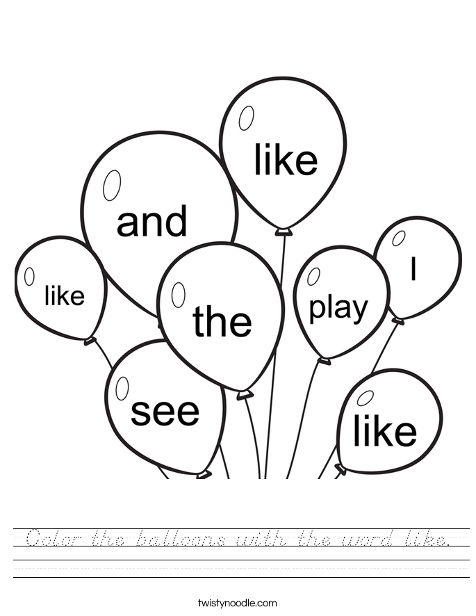 Color the balloons with the word like. Worksheet