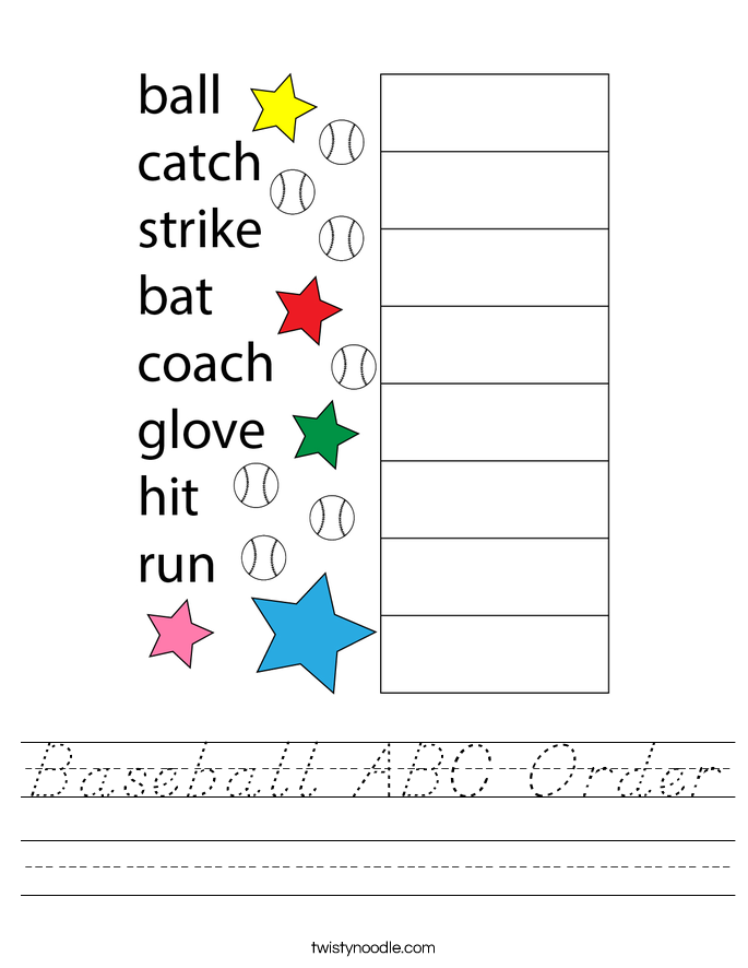 baseball abc order worksheet dnealian twisty noodle