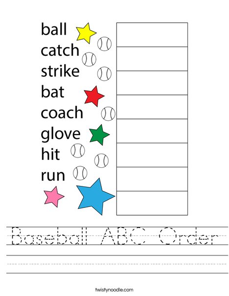 Baseball ABC Order Worksheet