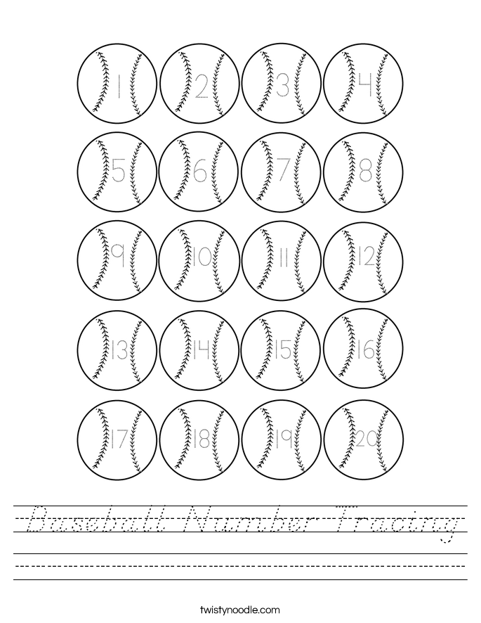 Baseball Number Tracing Worksheet - D'Nealian - Twisty Noodle