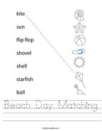 free printable nature worksheets Beach Day Matching Handwriting Sheet