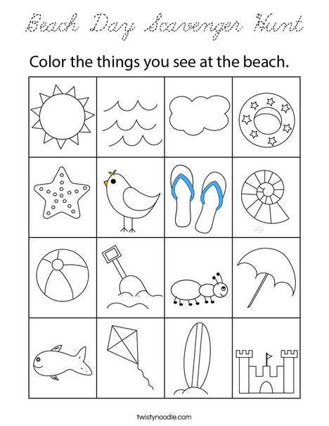 Beach Day Scavenger Hunt Coloring Page