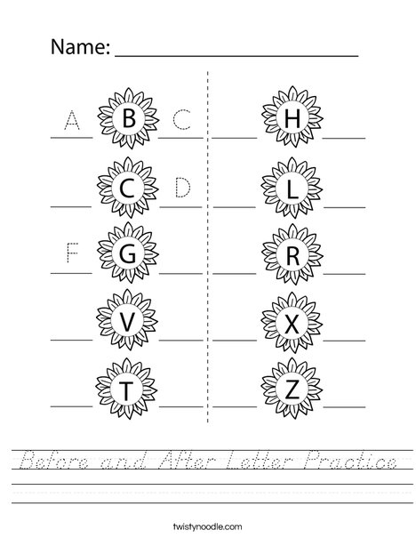 Before and After Letter Practice Worksheet