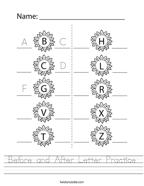 Before and After Letter Practice Worksheet