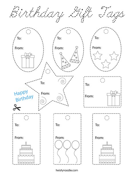 Birthday Gift Tags Coloring Page