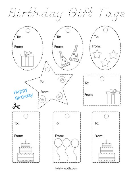 Birthday Gift Tags Coloring Page