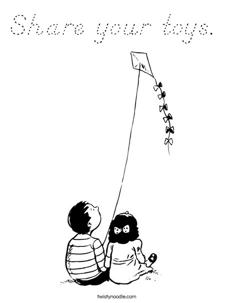 Boy and Girl with Kite Coloring Page