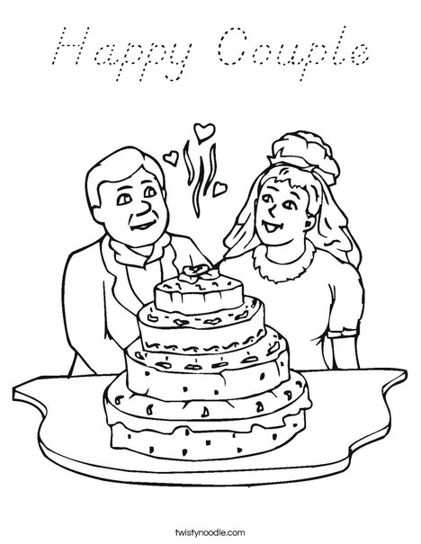 Bride and Groom with Cake Coloring Page