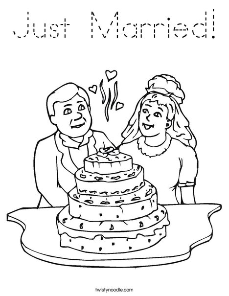 Bride and Groom with Cake Coloring Page