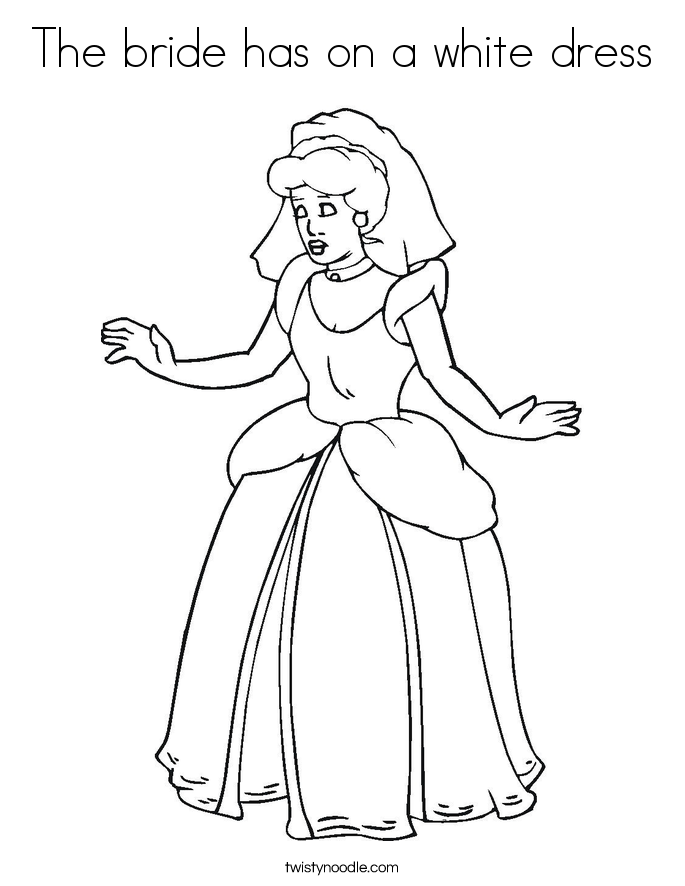 The bride has on a white dress Coloring Page