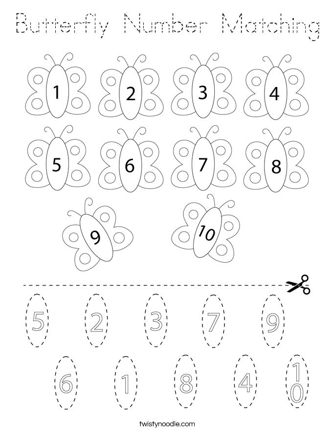 Butterfly Number Matching Coloring Page - Tracing - Twisty Noodle