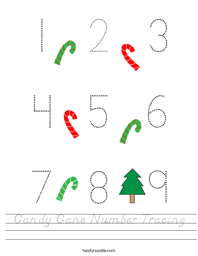 Candy Cane Number Tracing Worksheet