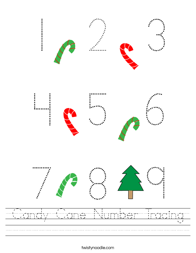 Candy Cane Number Tracing Worksheet