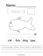 Choose the correct animal Handwriting Sheet