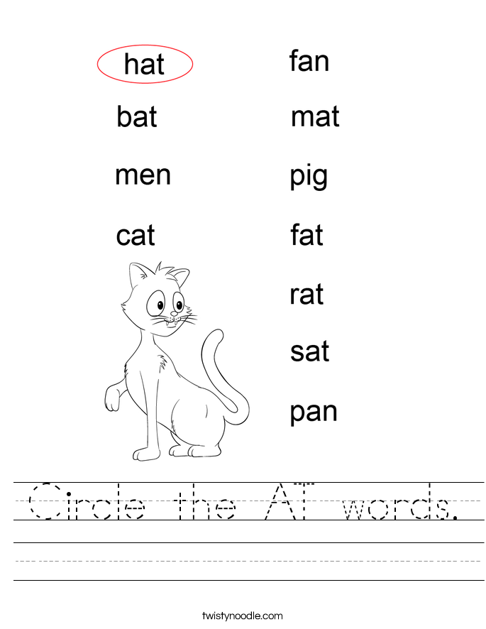 circle the at words worksheet twisty noodle