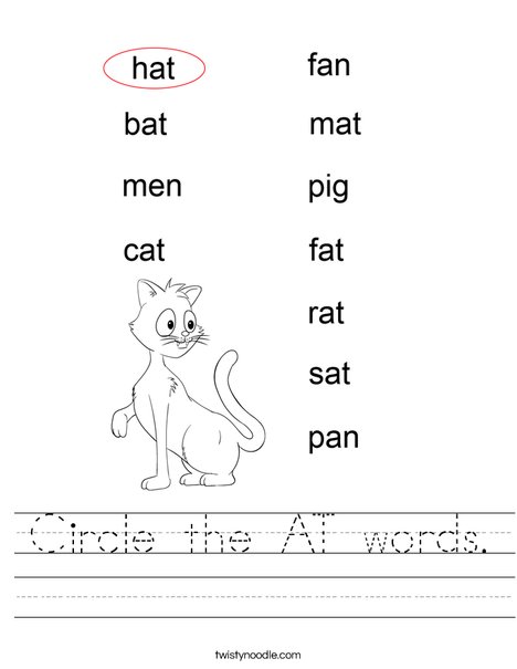 circle the at words worksheet twisty noodle