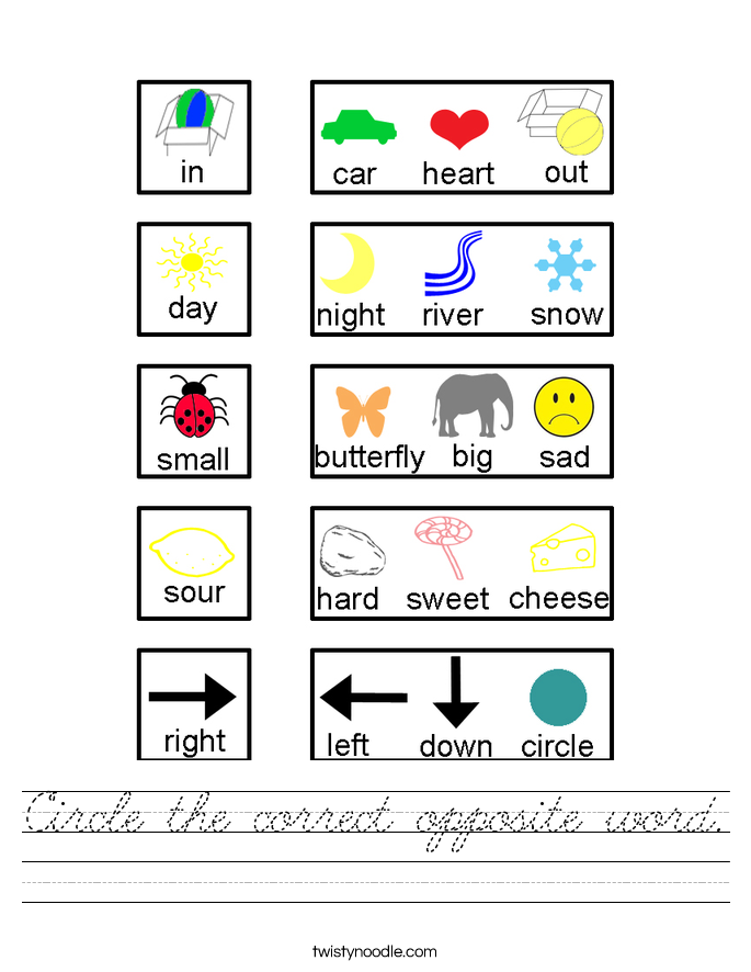 Circle the correct opposite word. Worksheet