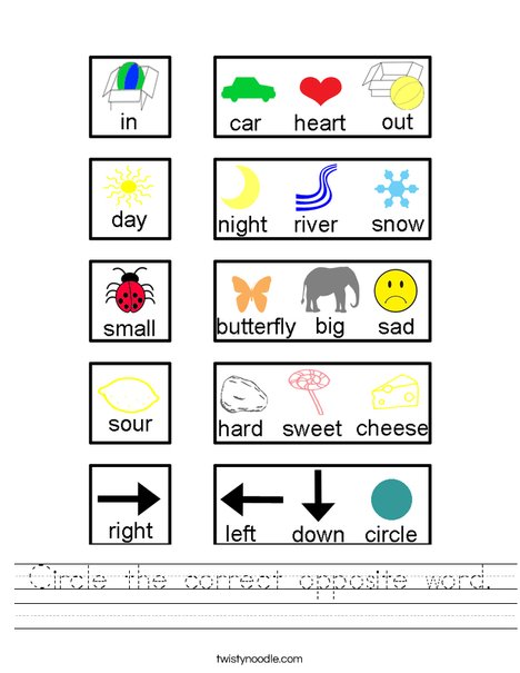 Circle the correct opposite word. Worksheet