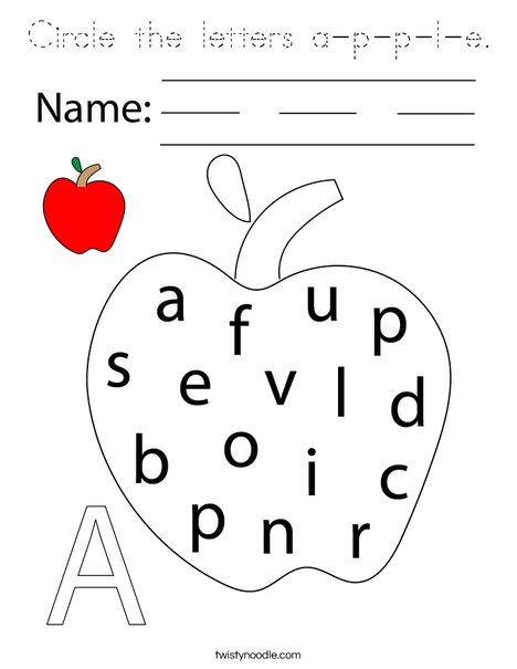 Circle the letters a-p-p-le. Coloring Page