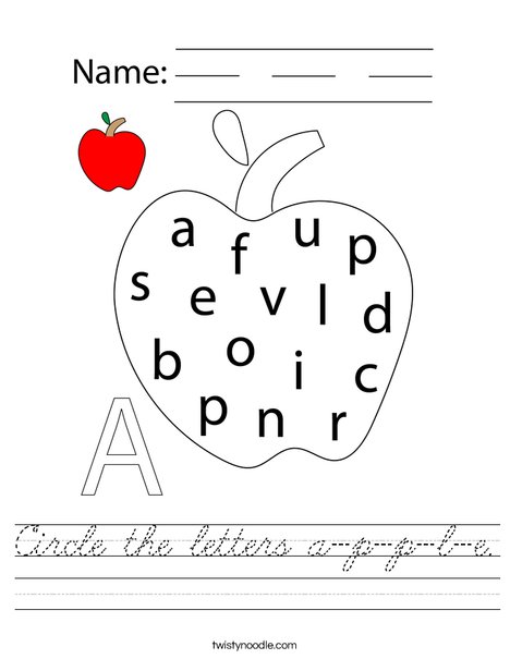 Circle the letters a-p-p-le. Worksheet