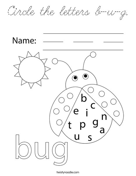 Circle the letters b-u-g. Coloring Page