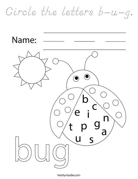 Circle the letters b-u-g. Coloring Page