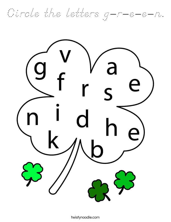 Circle the letters g-r-e-e-n. Coloring Page