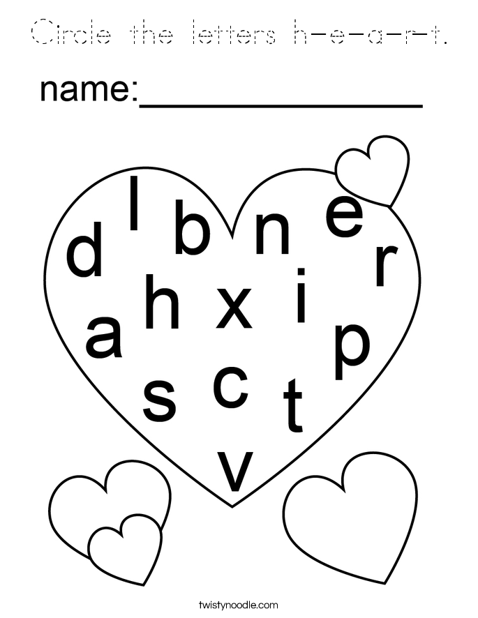 Circle the letters h-e-a-r-t. Coloring Page
