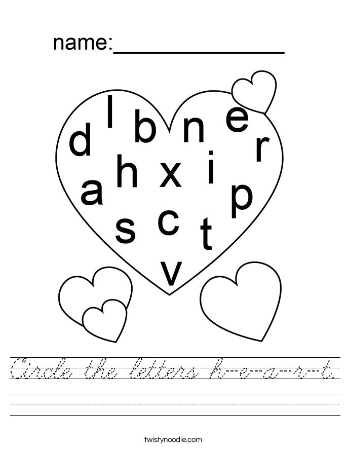circle the letters h e a r t worksheet cursive twisty noodle