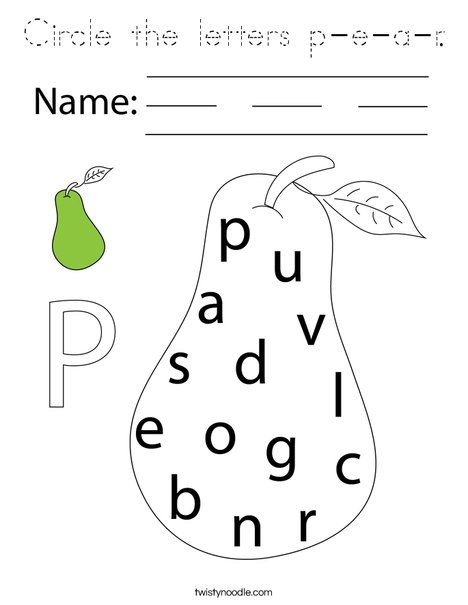 Circle the letters P-E-A-R. Coloring Page