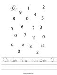 Circle the number 0. Worksheet