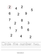 kinder 2 worksheet Circle the number two Handwriting Sheet
