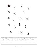 worksheet for kindergarten number 5 Circle the number five Handwriting Sheet