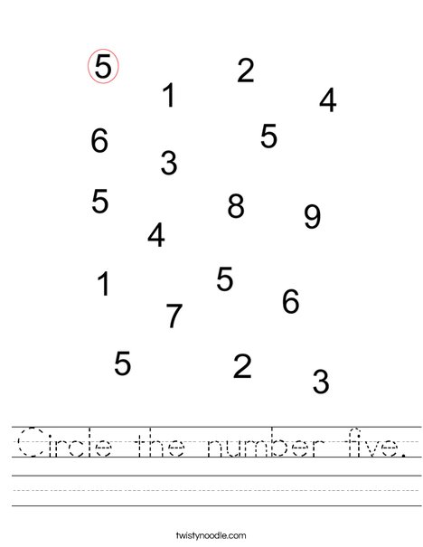 circle the number five worksheet twisty noodle